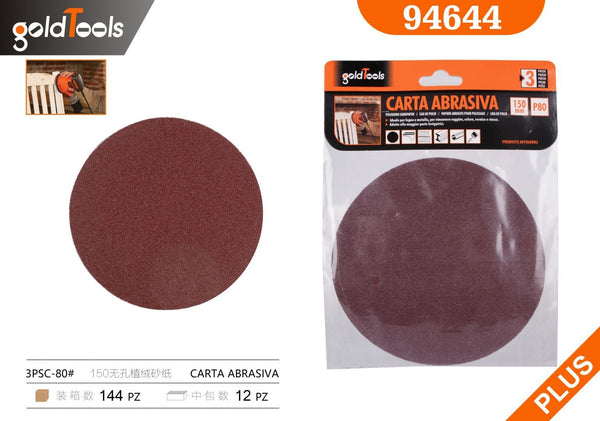 Carta abrasiva senza fori, grana 80, formato 150, 3 pezzi