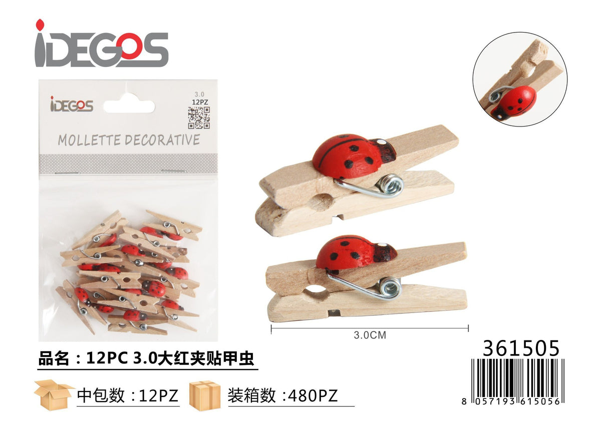 Mollette decorative con coccinelle, 3 cm, 12 pezzi