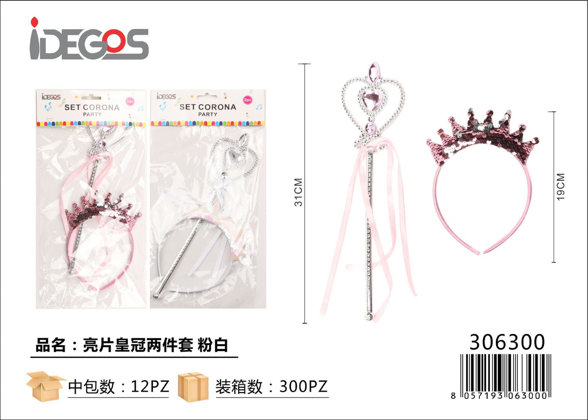 Set di accessori a corona con paillettes rosa e bianco, 2 pezzi