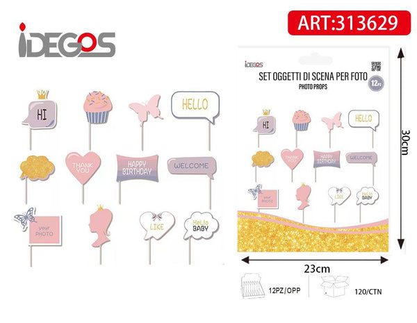 Accessori per selfie Buon Compleanno sfumati, 12 pezzi