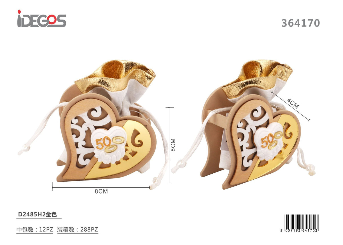 Confezione in legno con sacchetto per 50° anniversario, oro, D2485H2