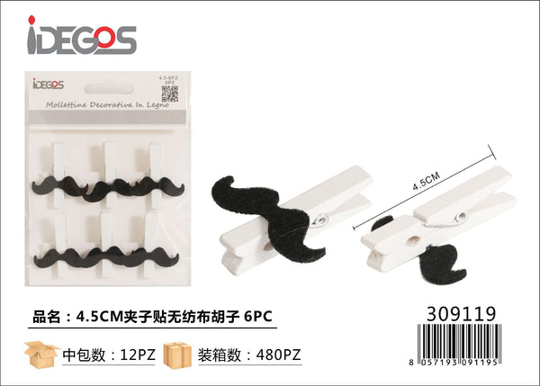 Set di 6 mollettine decorative in legno con baffi, 4,5 cm