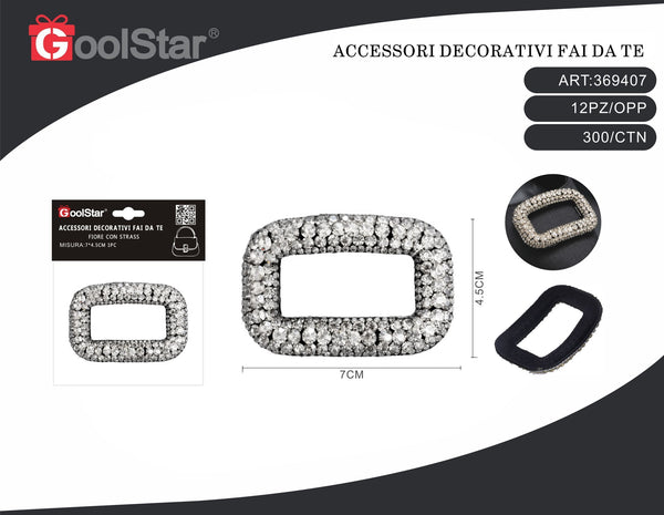 Fibbia decorativa rettangolare con strass, 7 × 4,5 cm, due colori