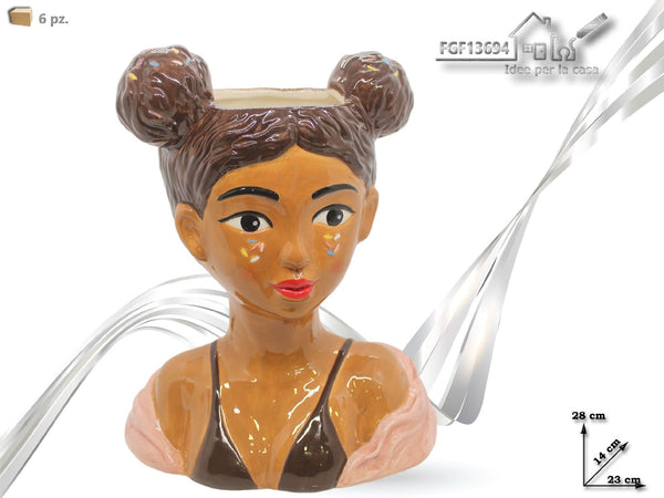 Busto decorativo in ceramica con acconciatura a due chignon