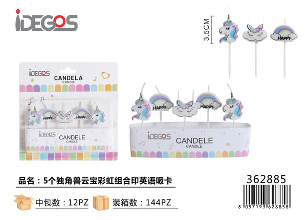 Set di candeline Unicorno, nuvola e arcobaleno, 5 pezzi