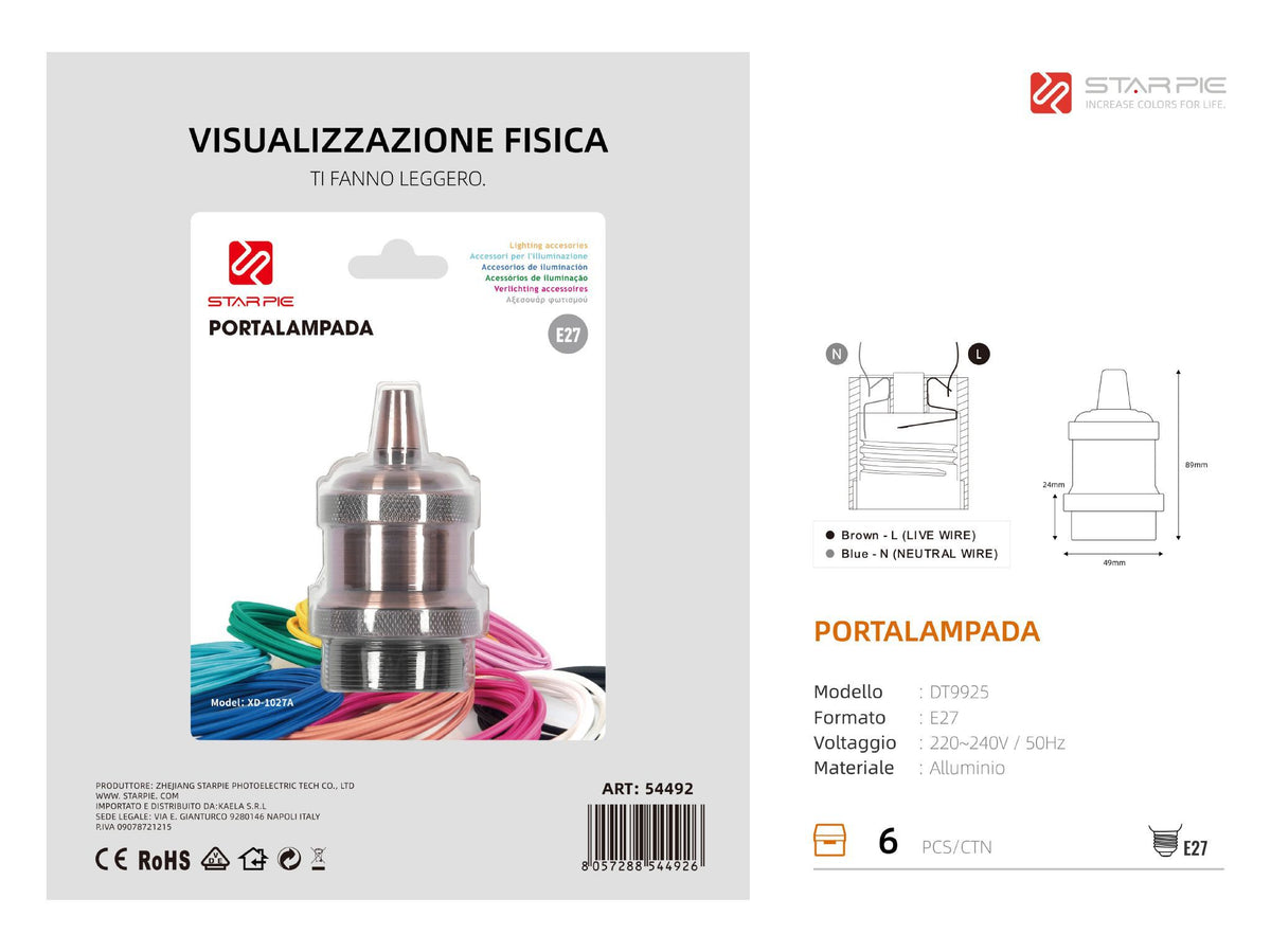 Portalampada DT9925 in metallo, rosso anticato