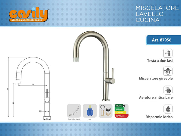 Miscelatore cucina satinato con leva laterale a stelo