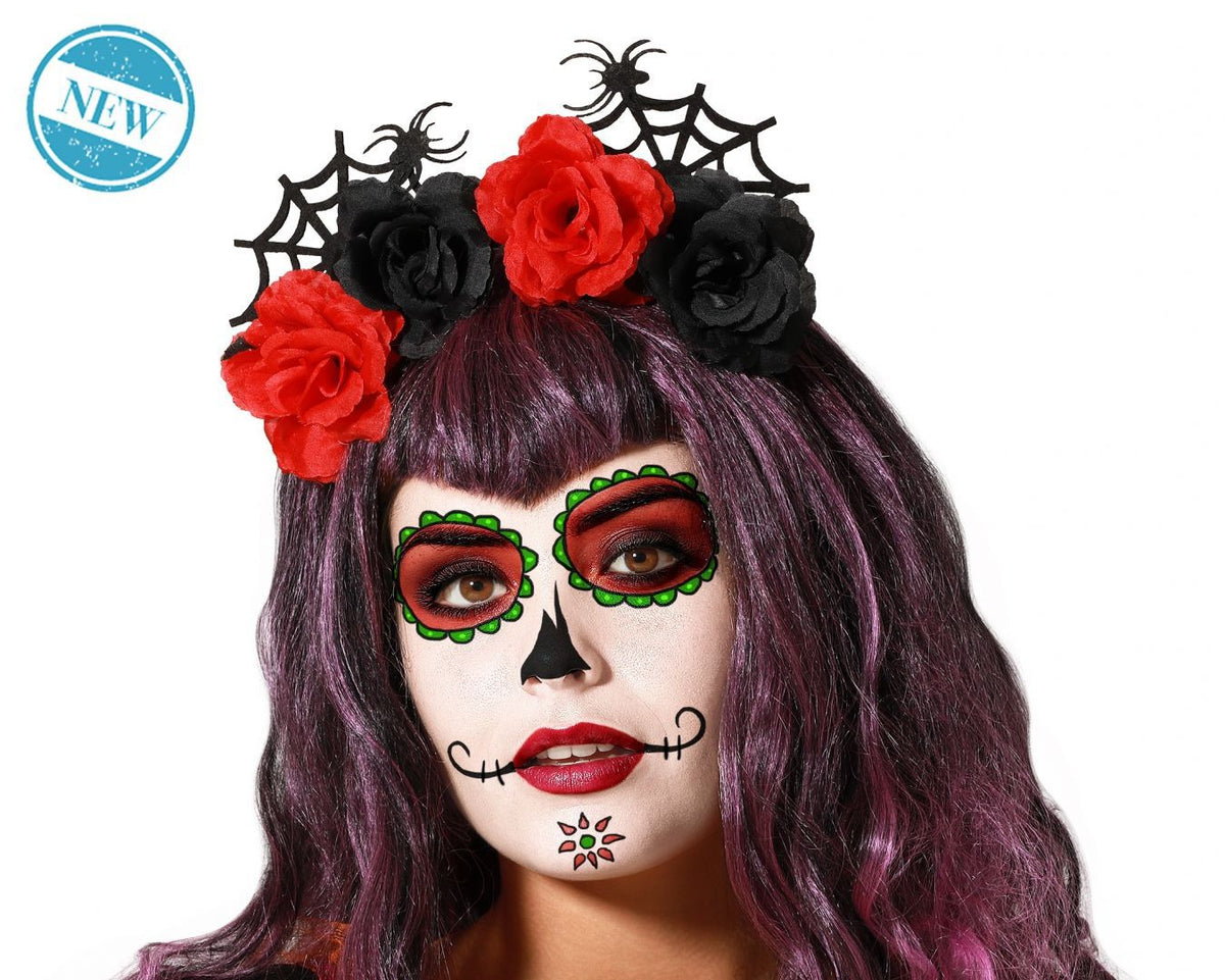 Cerchietto Halloween con rose rosse e nere e ragnatele