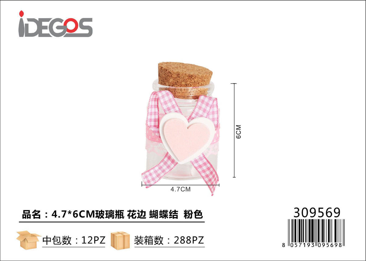 Bottiglietta in vetro con fiocco e cuore, rosa, 4,7 x 6 cm