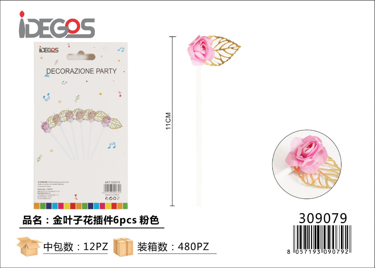 Decorazioni per torta con foglie oro e fiori rosa, 6 pezzi