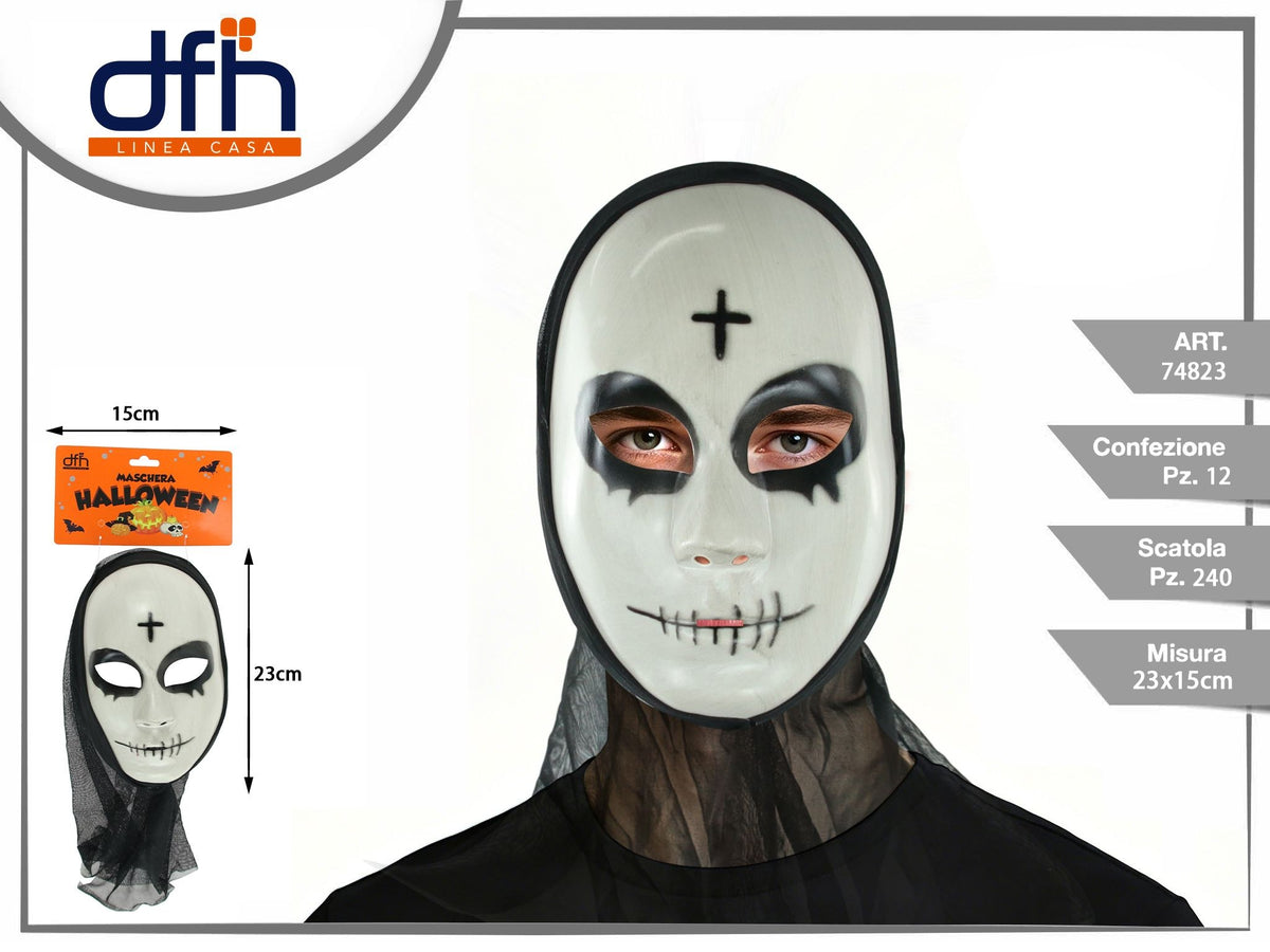 Maschera Halloween bianca con croce e velo nero