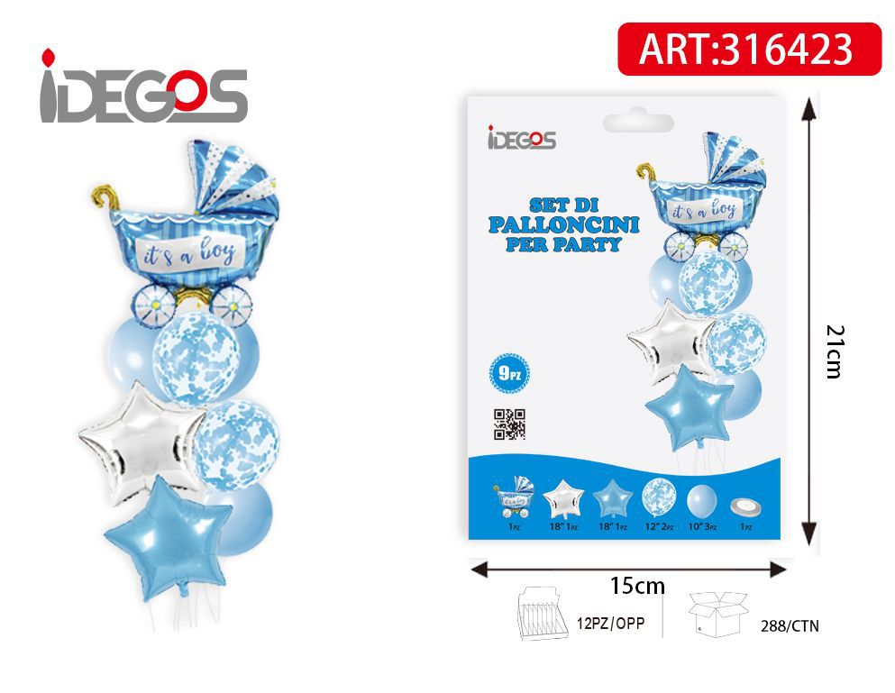 Set di palloncini con passeggino, celeste e argento, 9 pezzi