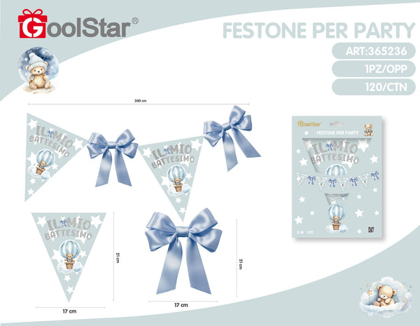 Festone con bandierine triangolari per party, battesimo con orsetto celeste