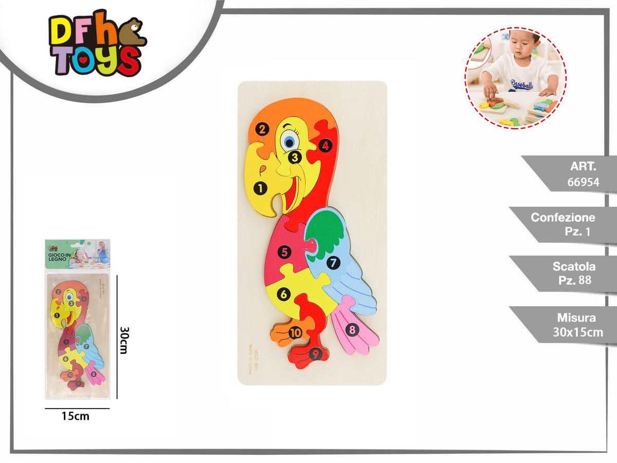 Puzzle numerico in legno a forma di pappagallo