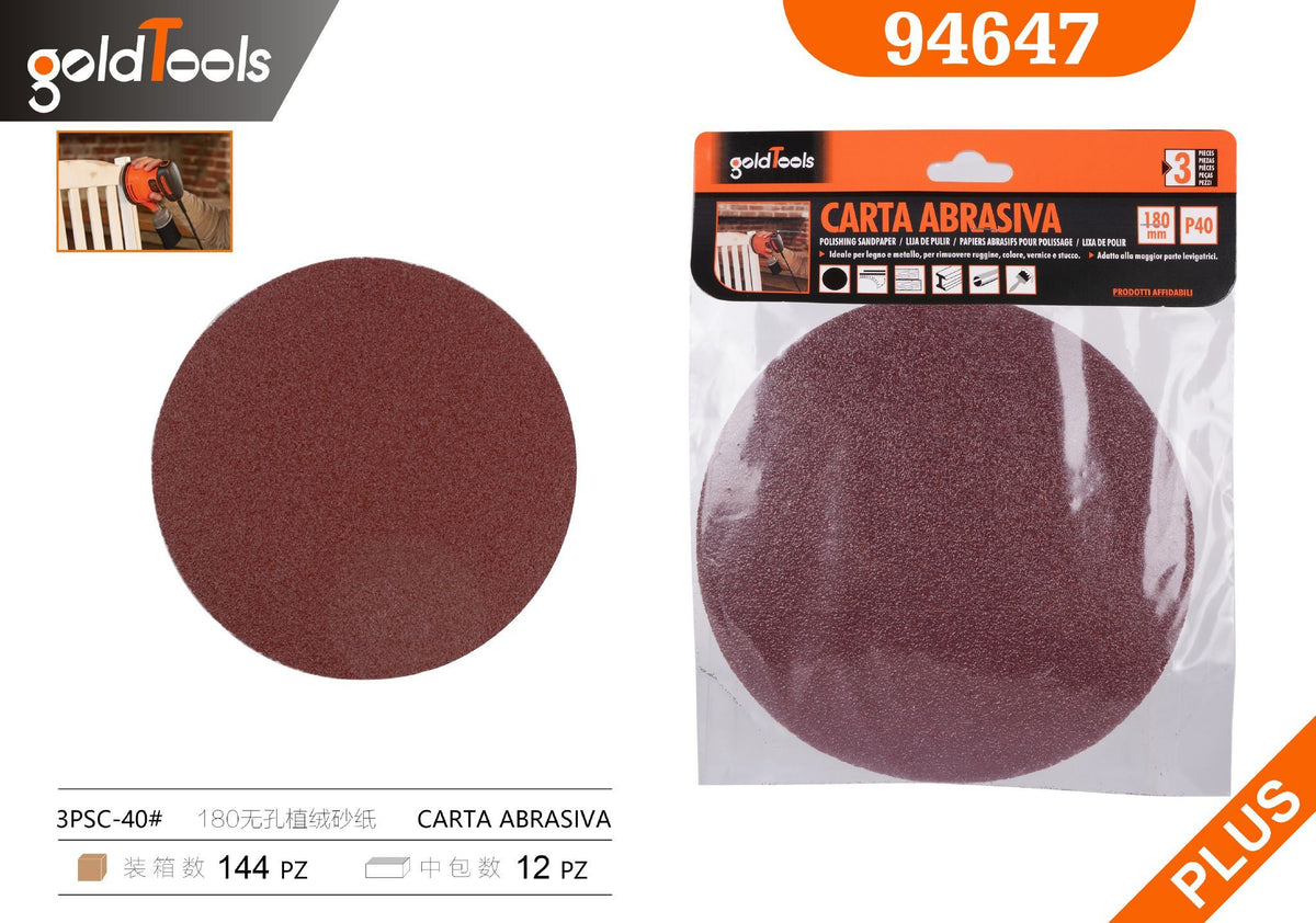 Carta abrasiva senza fori, grana 40, formato 180, 3 pezzi