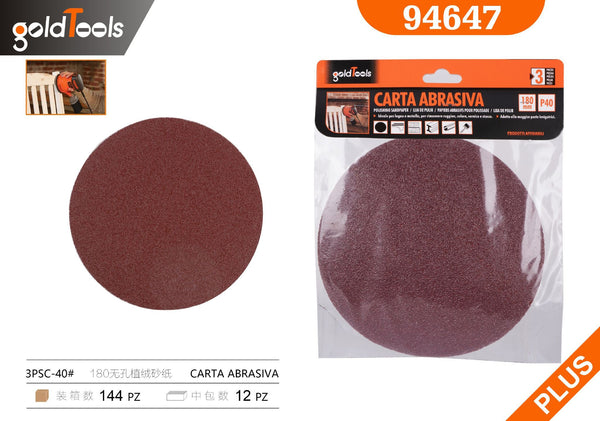 Carta abrasiva senza fori, grana 40, formato 180, 3 pezzi