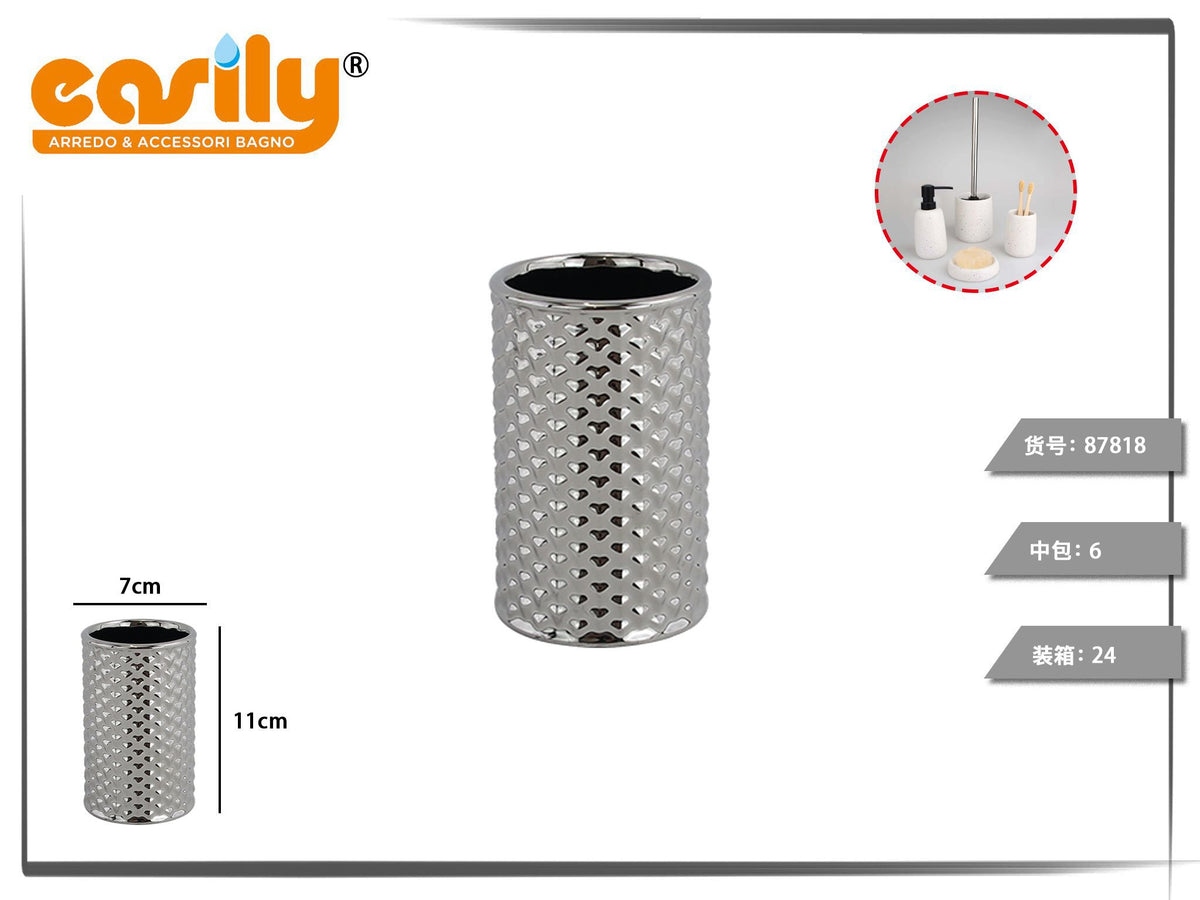 Bicchiere bagno in ceramica argentata a rilievo