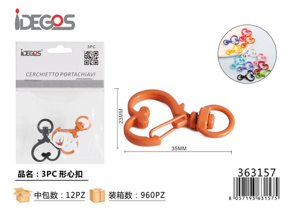 Set di 3 moschettoni a cuore per accessori, colori assortiti