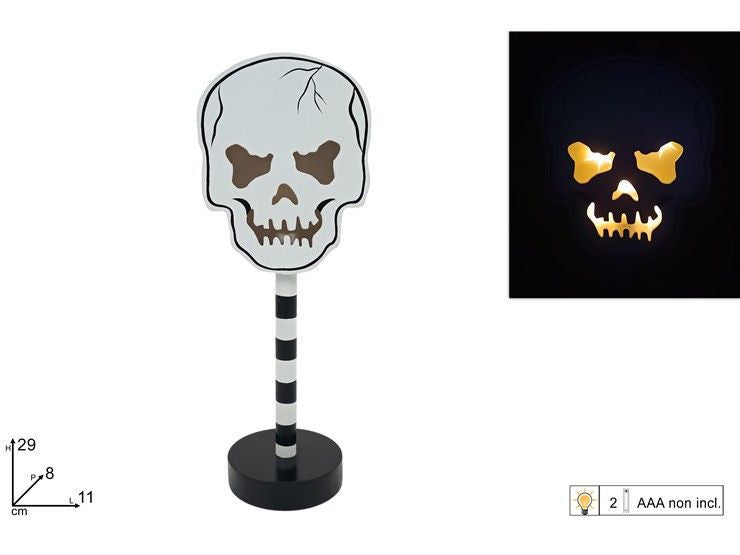 Teschio decorativo luminoso in legno su base, 29 cm