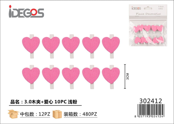 Mollette decorative con cuori rosa, 3 cm, 10 pezzi