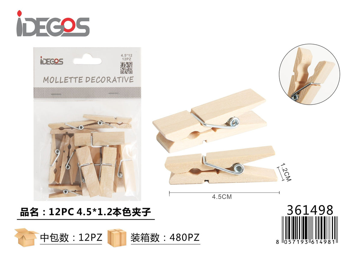 Mollette decorative in legno naturale – 4,5 cm, 12 pezzi