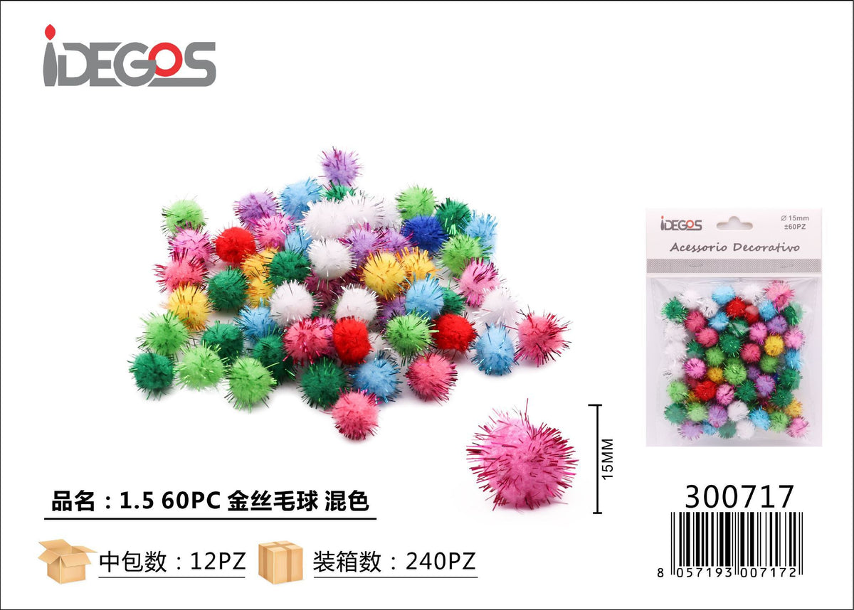 Pompon decorativi con fili dorati, colori misti – 1,5 cm, 60 pezzi