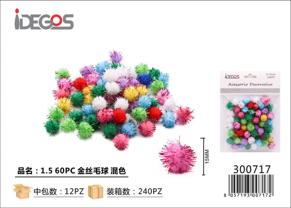 Pompon decorativi con fili dorati, colori misti – 1,5 cm, 60 pezzi