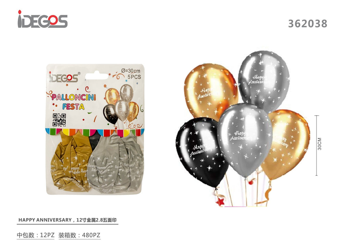 Palloncini in lattice metallizzati Happy Anniversary – 5 pezzi