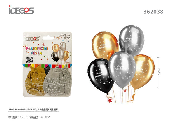 Palloncini in lattice metallizzati Happy Anniversary – 5 pezzi