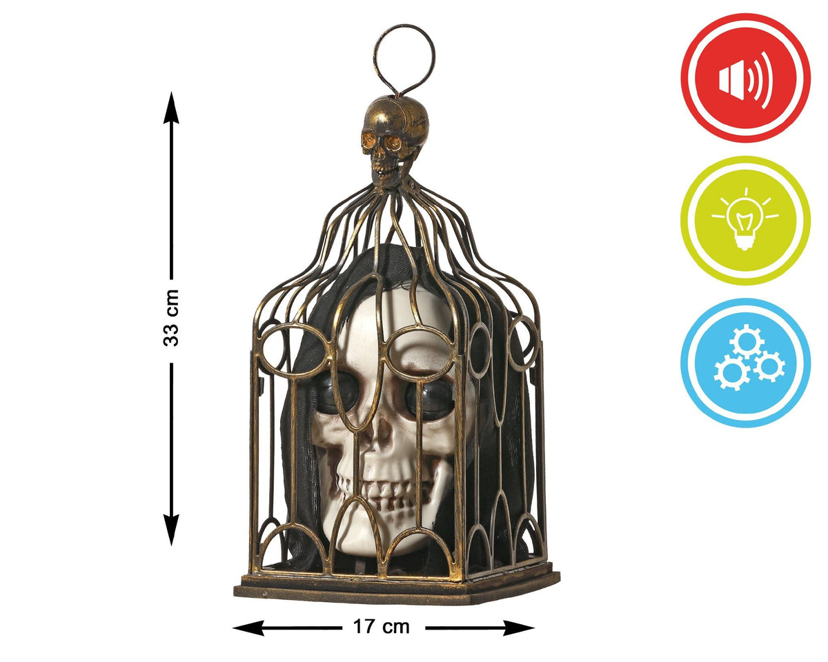 Teschio in gabbia Halloween con luce, suono e movimento