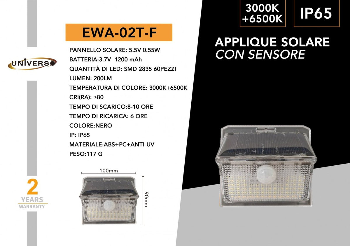 Lampada solare da parete con sensore Universo EWA-02T-F